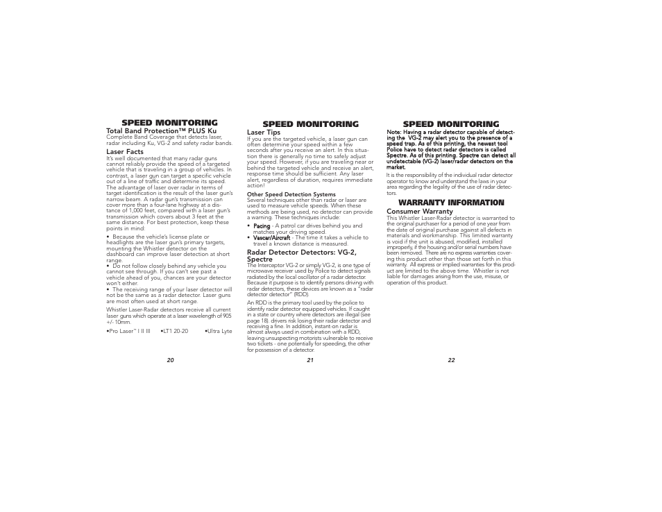 Speed monitoring, Warranty information | Whistler TOTAL BAND PROTECTION 425 User Manual | Page 8 / 9