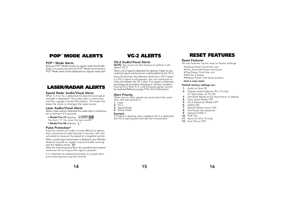 Vg-2 alerts reset features, Mode alerts laser/radar alerts | Whistler Pro-58/73 User Manual | Page 5 / 8