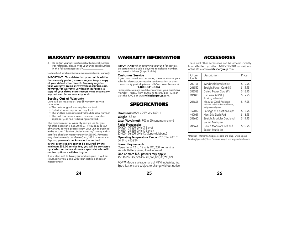 Specifications | Whistler Pro-58/73 User Manual | Page 8 / 8