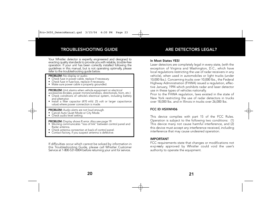Are detectors legal, 21 troubleshooting guide 20 | Whistler PRO-3450 User Manual | Page 12 / 16