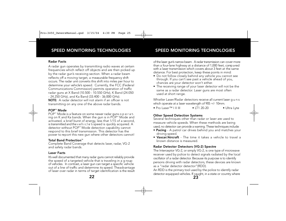Speed monitoring technologies, 23 speed monitoring technologies 22 | Whistler PRO-3450 User Manual | Page 13 / 16