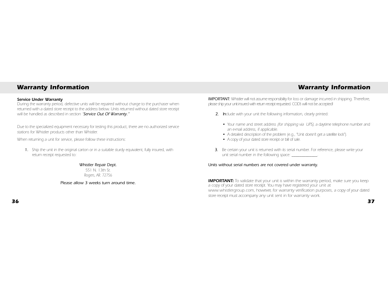 Warranty information | Whistler GOLFDIGEST GLF-100 User Manual | Page 20 / 22