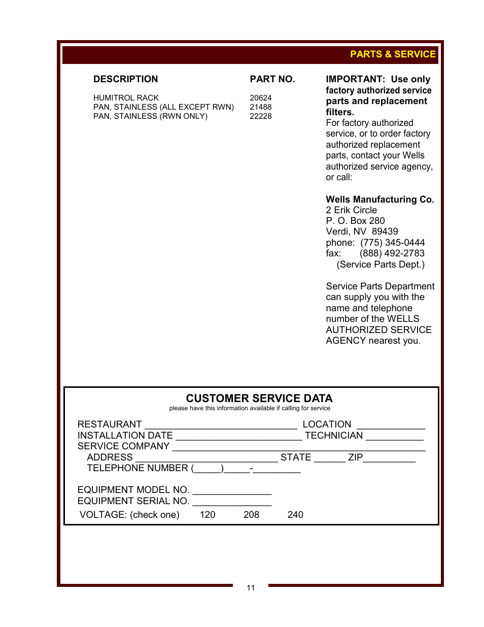 Customer service data | Wells RW-16 thru RW-36 User Manual | Page 13 / 14