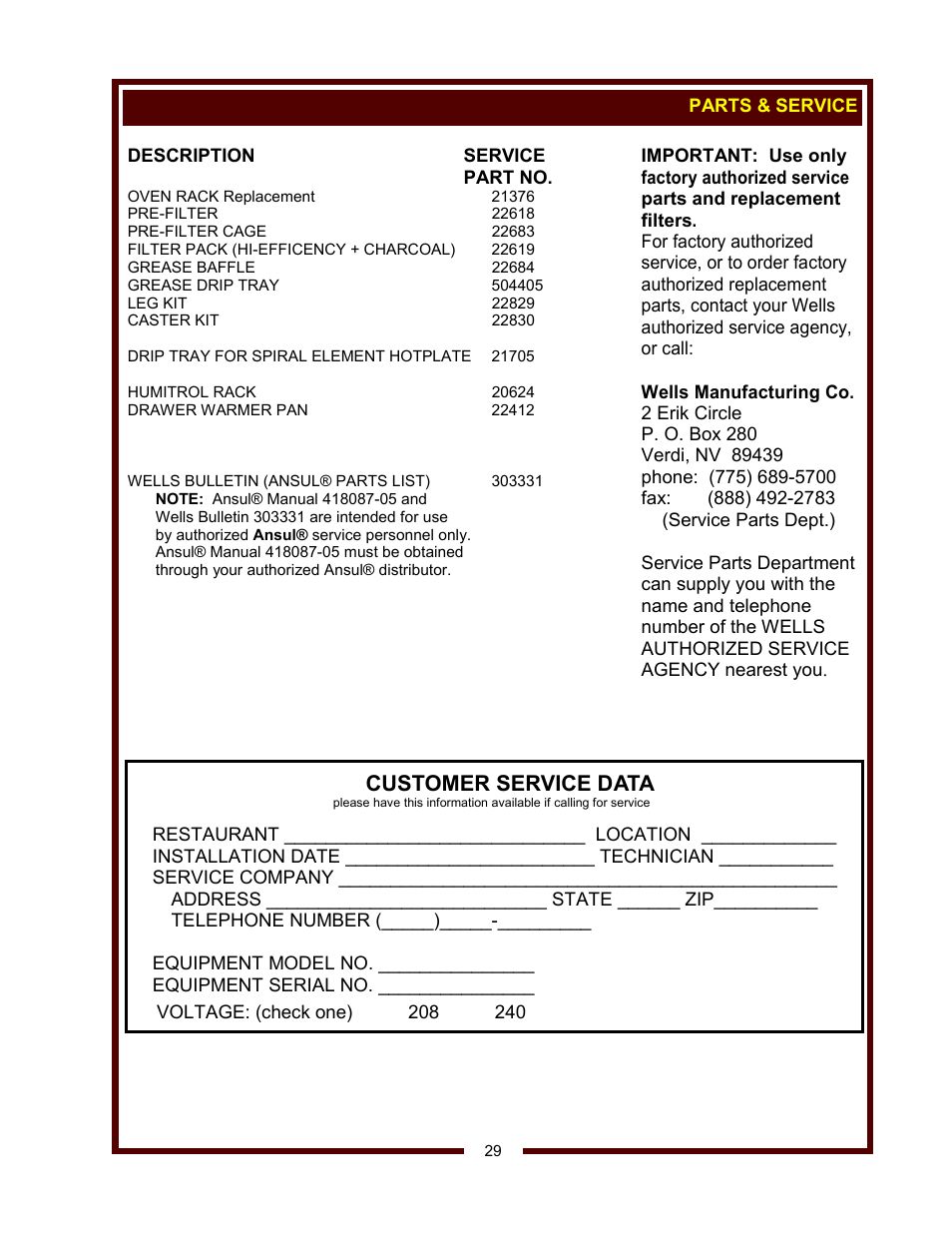Customer service data | Wells WV-2HGRW User Manual | Page 31 / 32