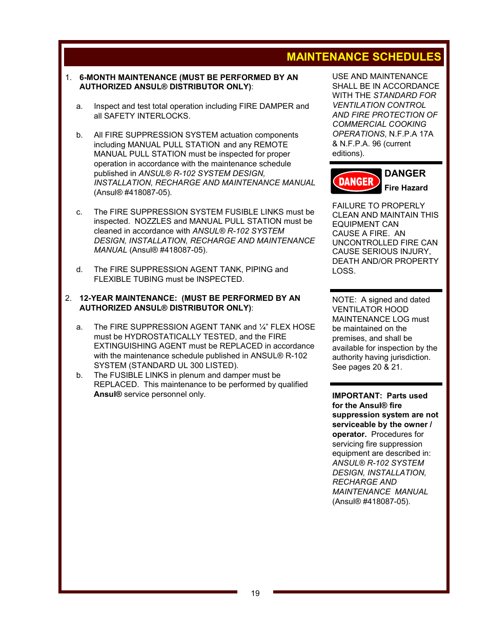 Maintenance schedules | Wells WVG-136RW User Manual | Page 21 / 28