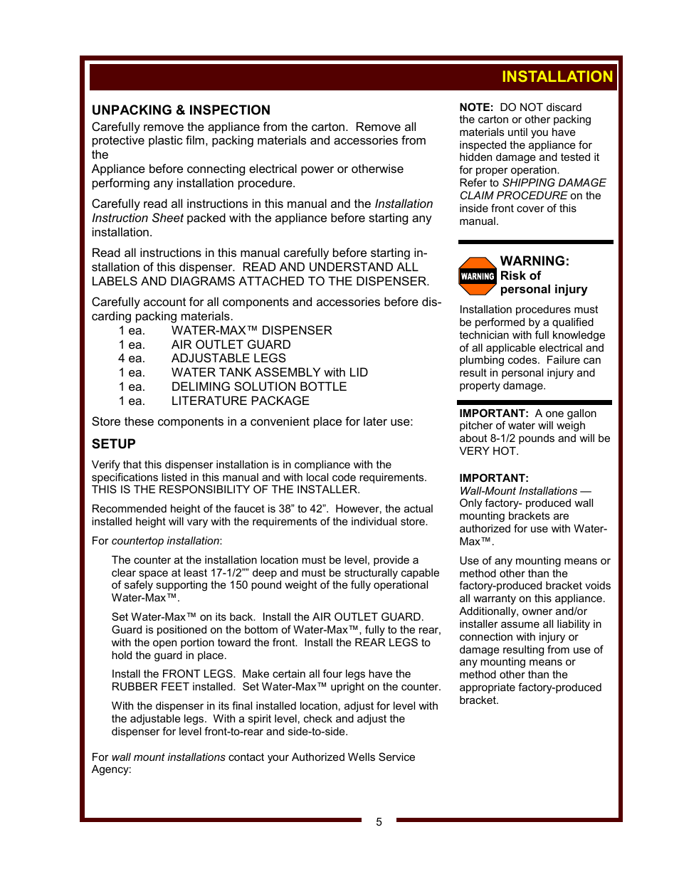 Installation | Wells WM-TR User Manual | Page 7 / 20