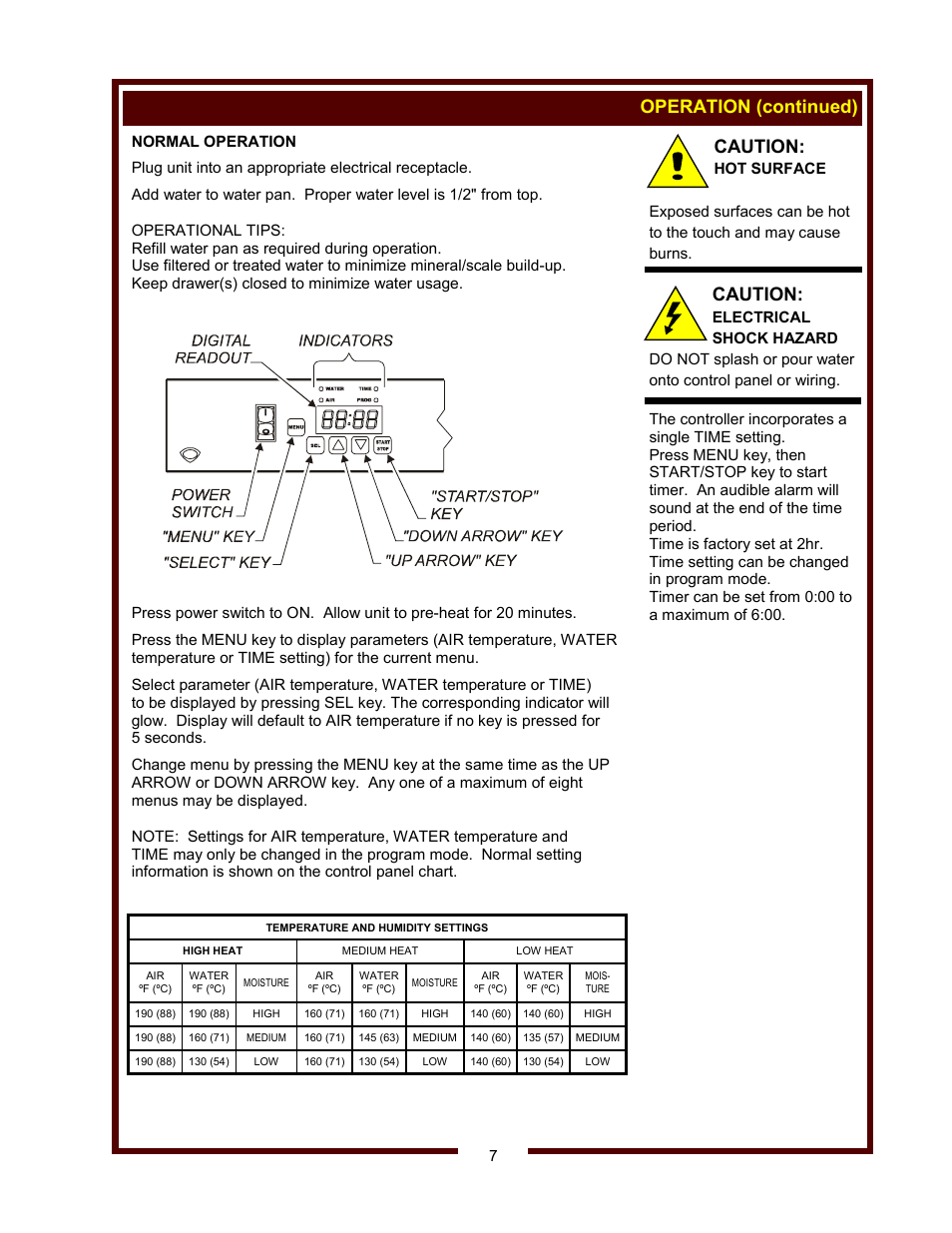 Operation (continued), Caution | Wells HDW-2 User Manual | Page 9 / 14