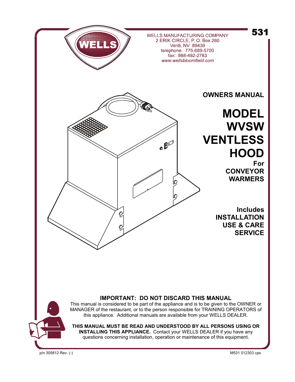 Wells VENTLESS HOOD WVSW User Manual | 14 pages
