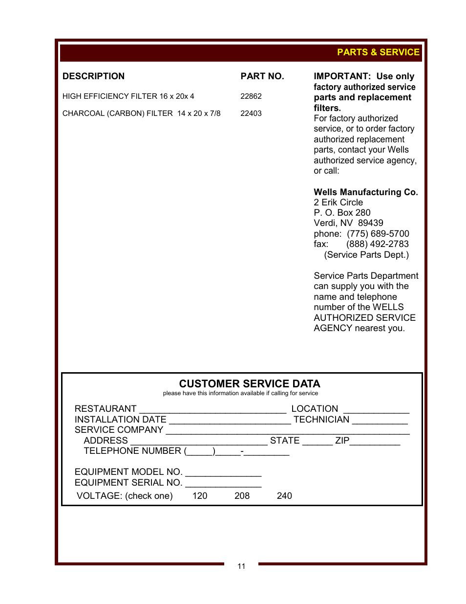 Customer service data | Wells VENTLESS HOOD WVSW User Manual | Page 13 / 14