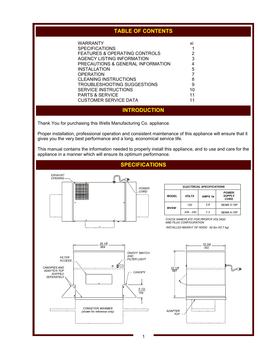 Wells VENTLESS HOOD WVSW User Manual | Page 3 / 14
