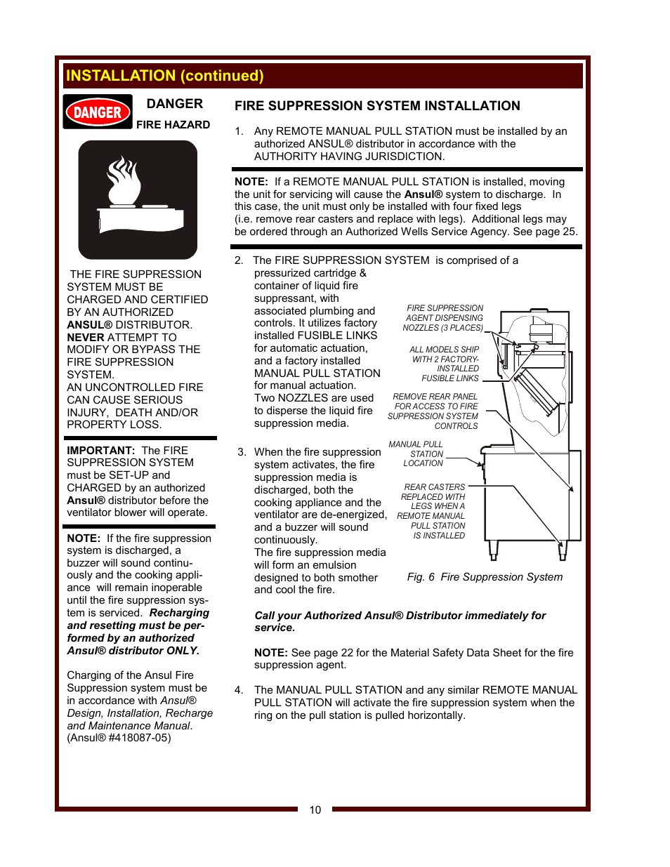 Installation (continued), Fire suppression system installation, Danger | Wells WV-4HSRW User Manual | Page 12 / 28