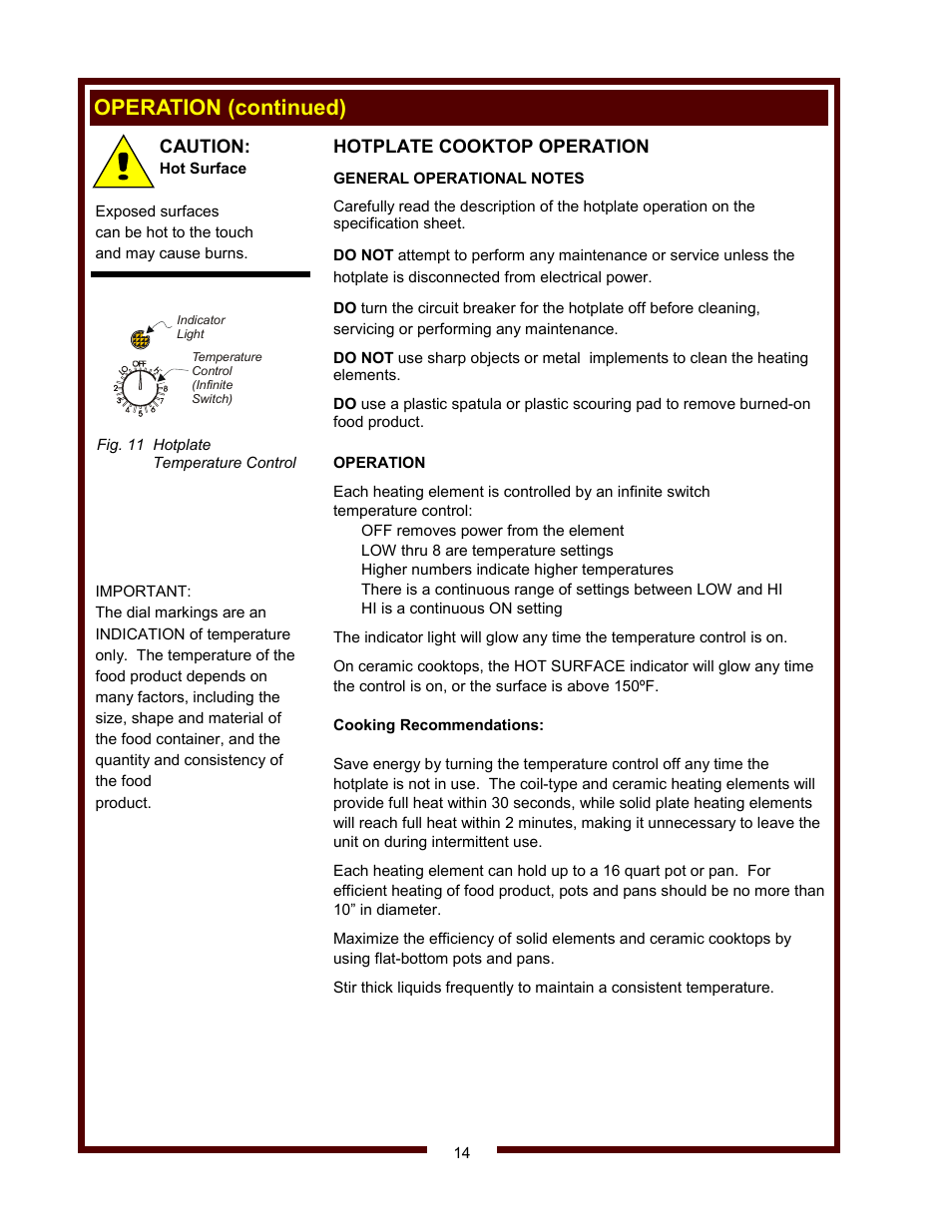 Operation (continued), Caution, Hotplate cooktop operation | Wells WV-4HSRW User Manual | Page 16 / 28