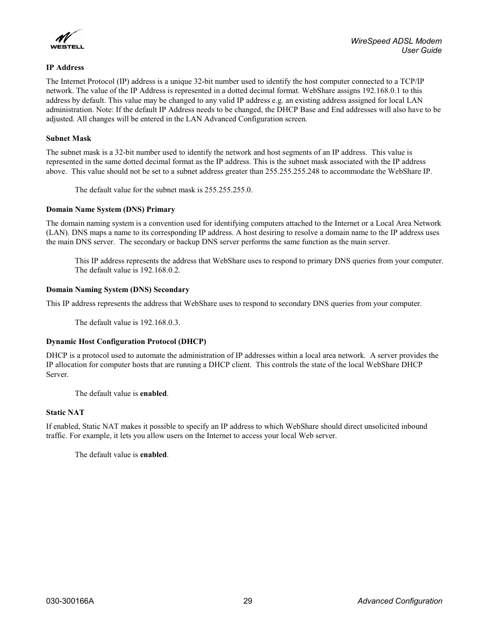 Ip address, Subnet mask, Domain name system (dns) primary | Domain naming system (dns) secondary, Dynamic host configuration protocol (dhcp), Static nat | Westell Technologies WireSpeed ADSL Modem 030-300166A iii User Manual | Page 32 / 61