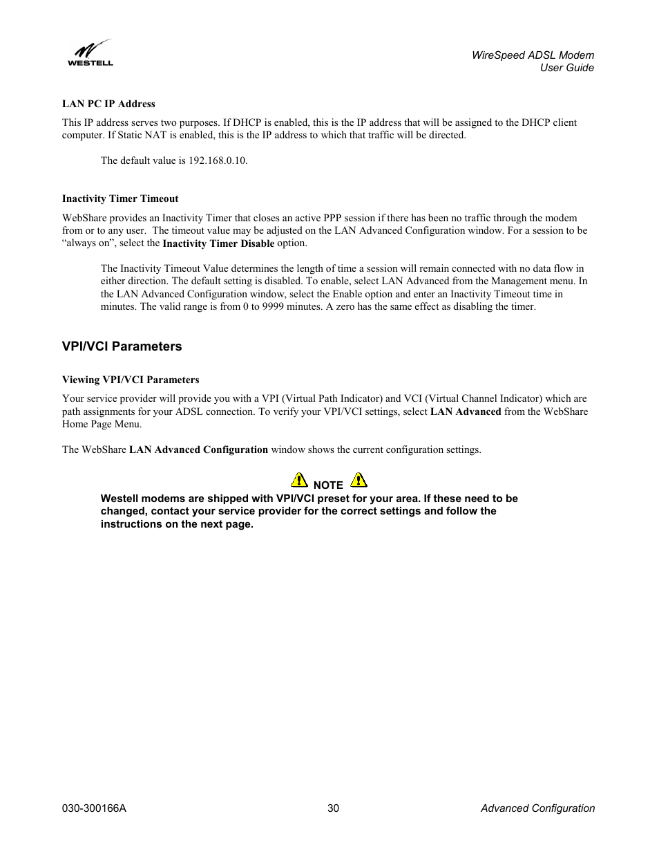 Lan pc ip address, Inactivity timer timeout, Vpi/vci parameters | Viewing vpi/vci parameters, Lan pc ip address inactivity timer timeout | Westell Technologies WireSpeed ADSL Modem 030-300166A iii User Manual | Page 33 / 61