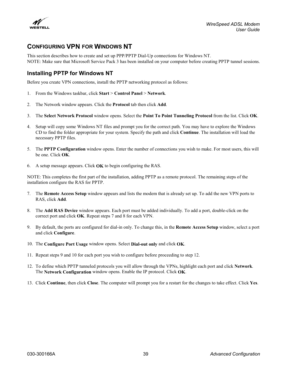 Configuring vpn for windows nt, Installing pptp for windows nt, Onfiguring | Indows | Westell Technologies WireSpeed ADSL Modem 030-300166A iii User Manual | Page 42 / 61