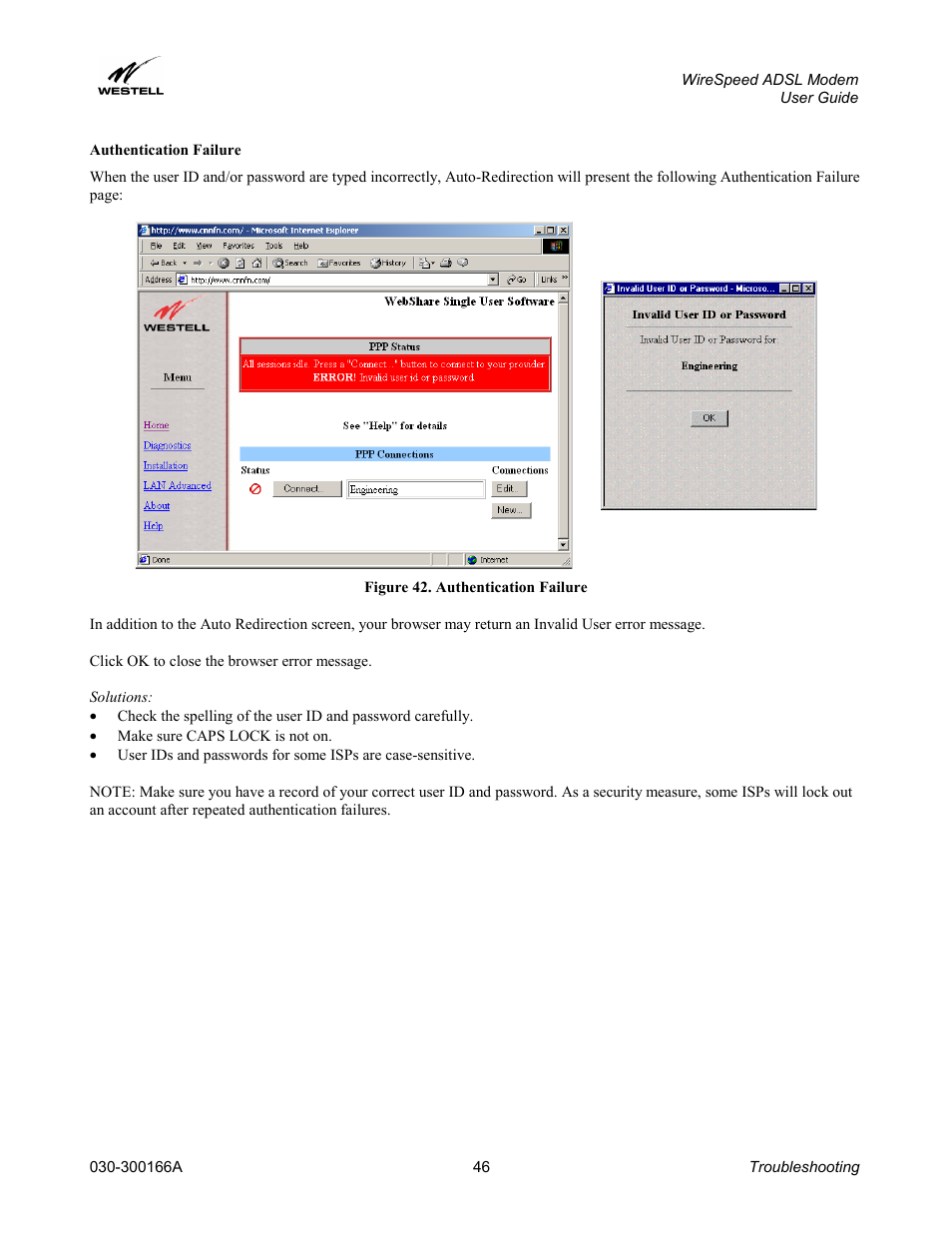 Authentication failure | Westell Technologies WireSpeed ADSL Modem 030-300166A iii User Manual | Page 49 / 61