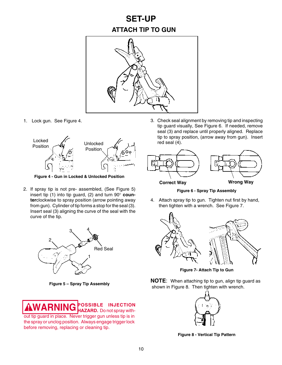 Attach tip to gun, Warning, Set-up | Wagner HIGH PERFORMANCE AIRLESS SPRAYER User Manual | Page 10 / 33