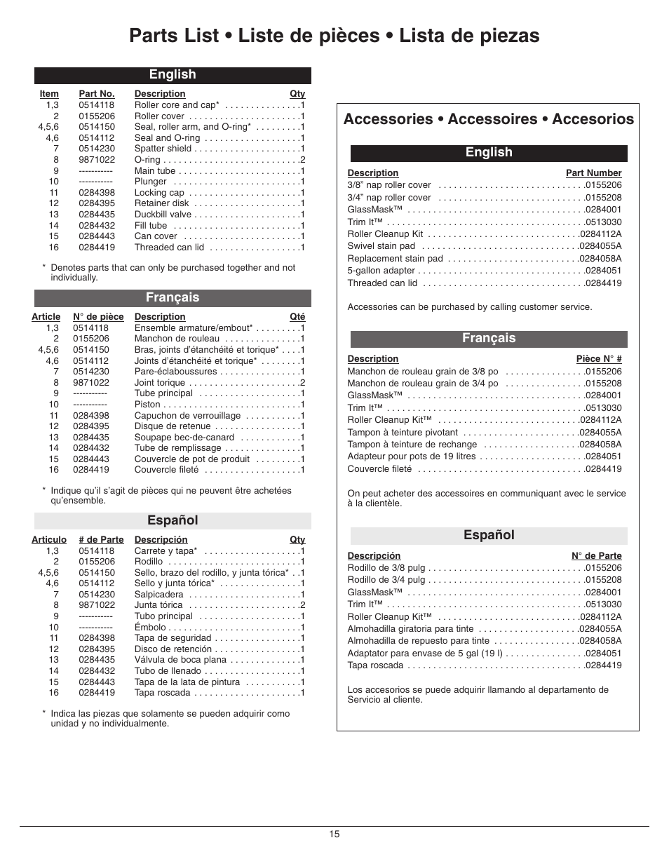 Parts list 2, Parts list • liste de pièces • lista de piezas, Accessories • accessoires • accesorios | Español français english | Wagner PaintMate Plus User Manual | Page 15 / 16
