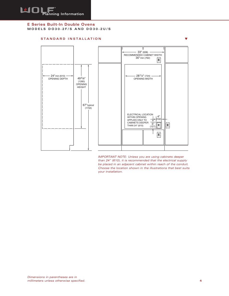 E series built-in double ovens, Planning information | Wolf Appliance Company DO30-2S User Manual | Page 4 / 7