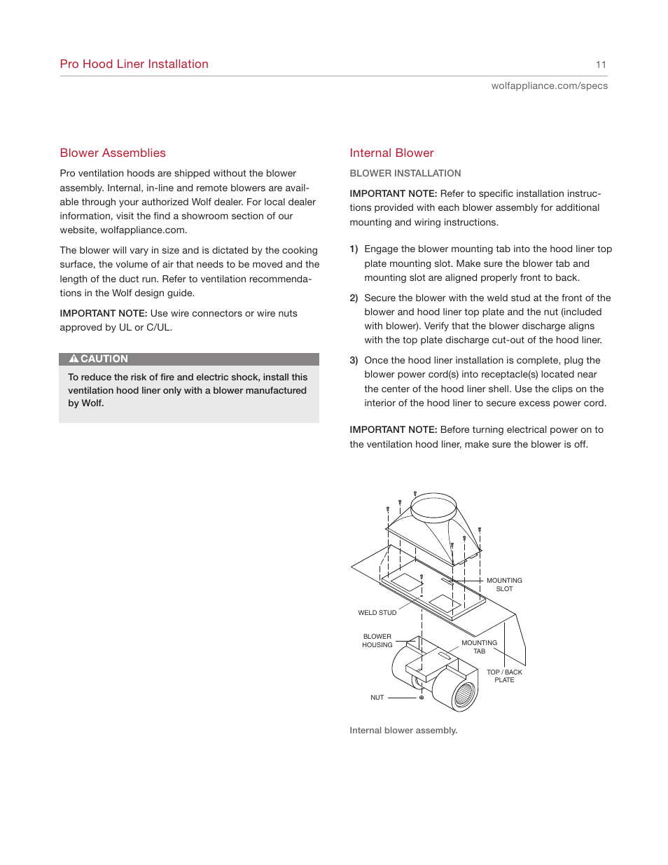 Pro hood liner installation, Internal blower, Blower assemblies | Wolf Appliance Company L342212 User Manual | Page 11 / 16