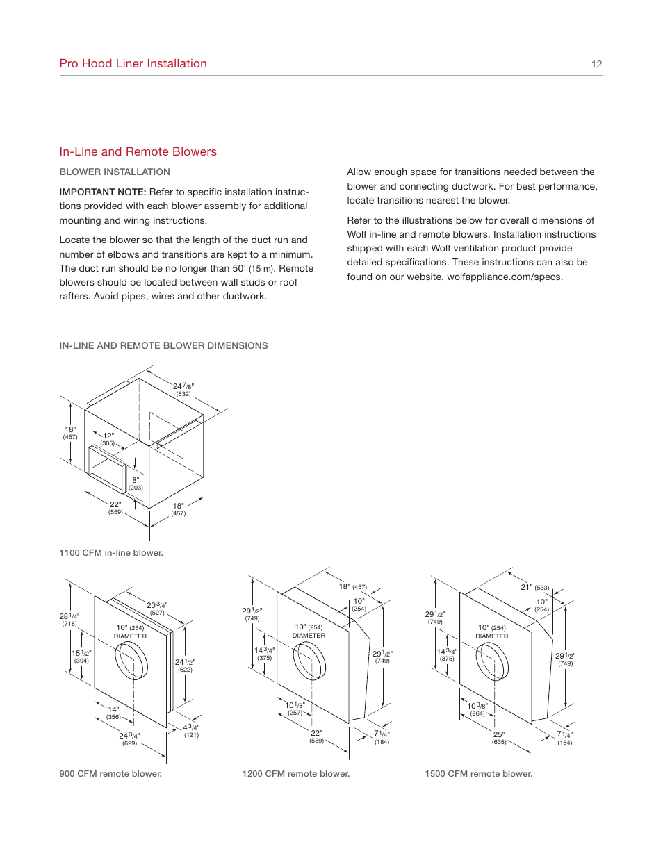 Pro hood liner installation, In-line and remote blowers | Wolf Appliance Company L342212 User Manual | Page 12 / 16
