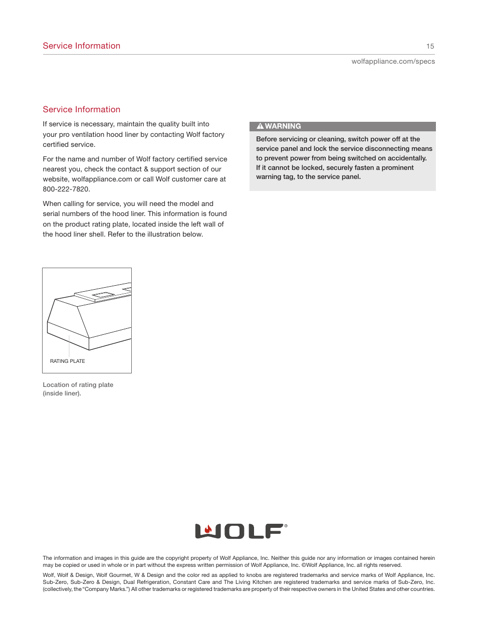 Service information | Wolf Appliance Company L342212 User Manual | Page 15 / 16