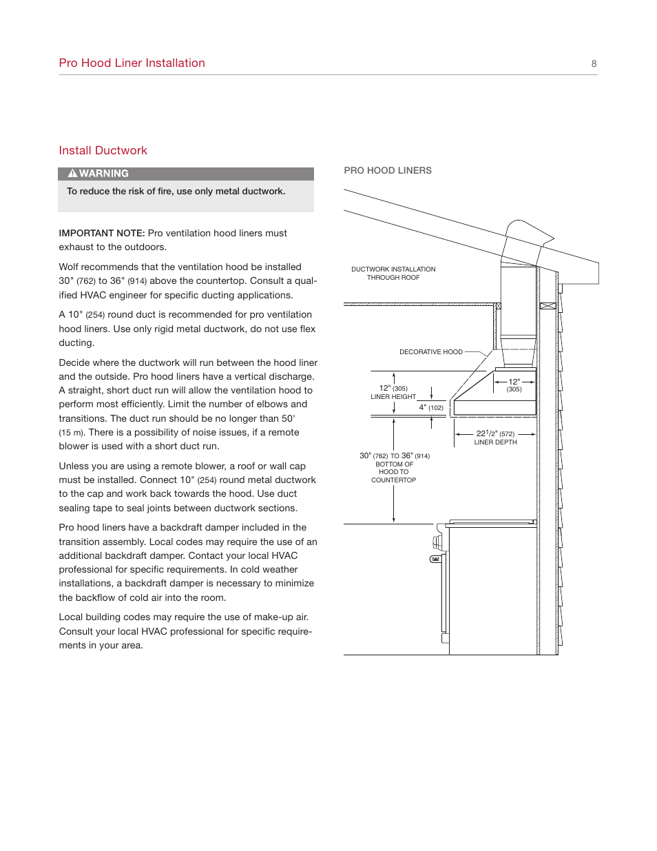 Pro hood liner installation, Install ductwork | Wolf Appliance Company L342212 User Manual | Page 8 / 16