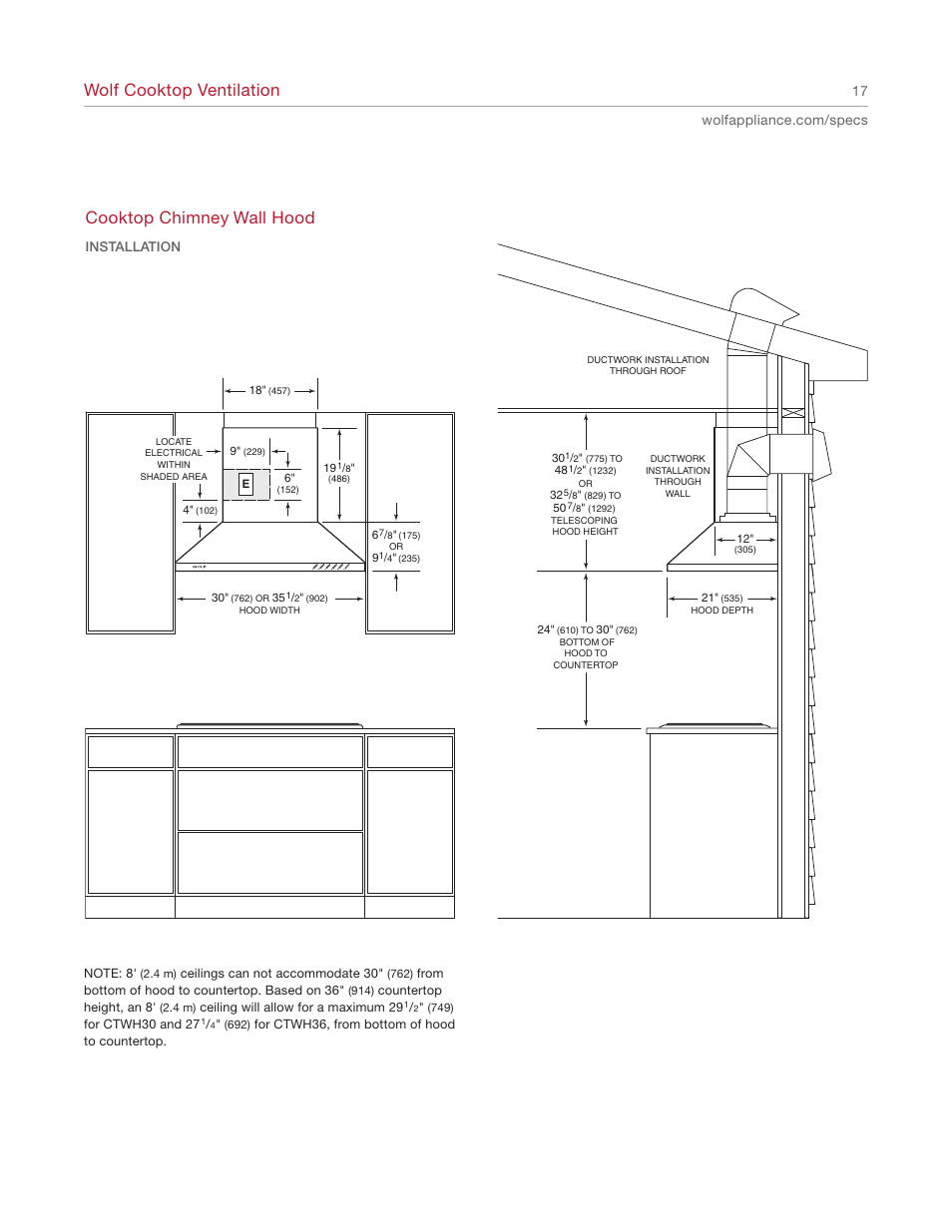 Wolf cooktop ventilation, Cooktop chimney wall hood | Wolf Appliance Company 1200 User Manual | Page 17 / 66