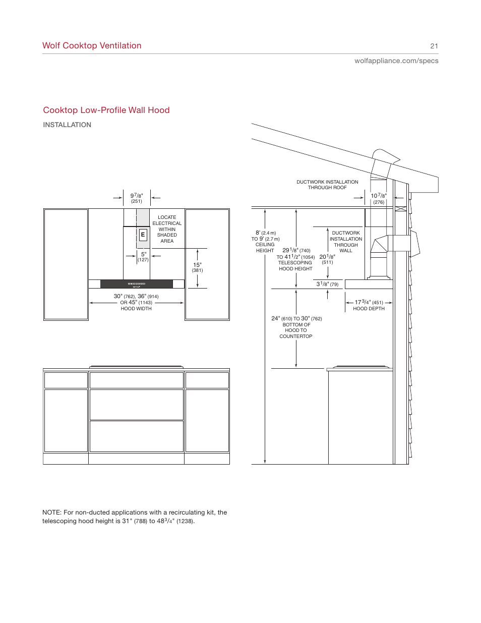 Wolf cooktop ventilation, Cooktop low-profile wall hood | Wolf Appliance Company 1200 User Manual | Page 21 / 66