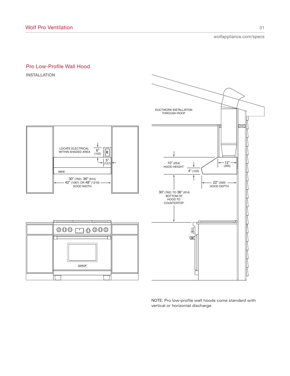 Wolf pro ventilation, Pro low-profile wall hood | Wolf Appliance Company 1200 User Manual | Page 31 / 66