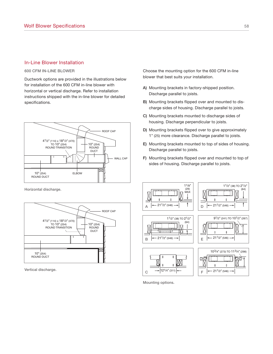Wolf blower specifications, In-line blower installation | Wolf Appliance Company 1200 User Manual | Page 58 / 66