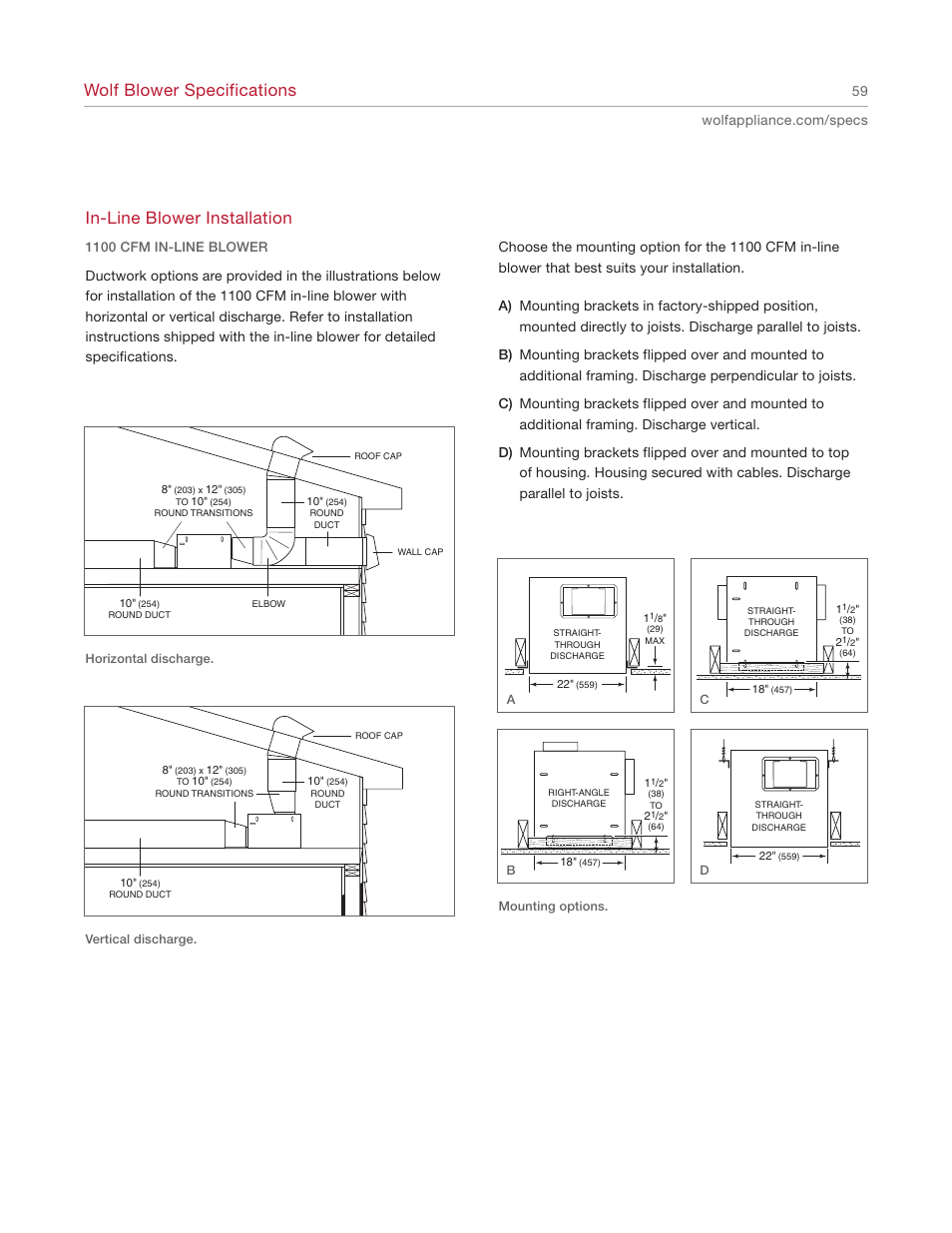 Wolf blower specifications, In-line blower installation | Wolf Appliance Company 1200 User Manual | Page 59 / 66