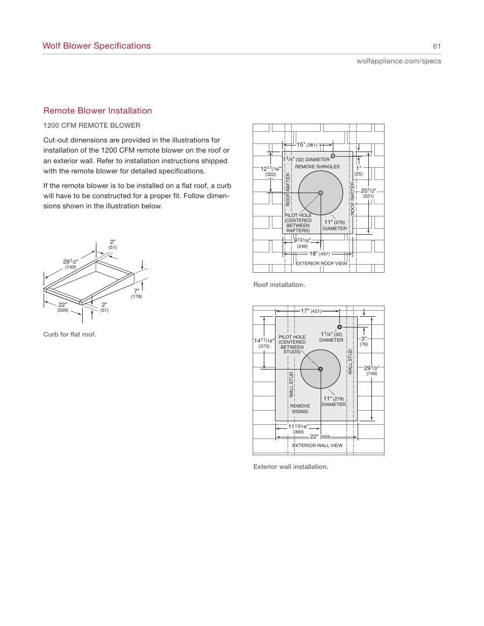Wolf blower specifications, Remote blower installation | Wolf Appliance Company 1200 User Manual | Page 61 / 66