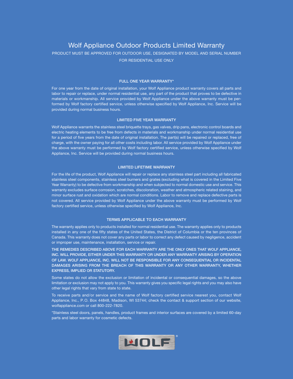 Wolf appliance outdoor products limited warranty | Wolf Appliance Company 1200 User Manual | Page 65 / 66
