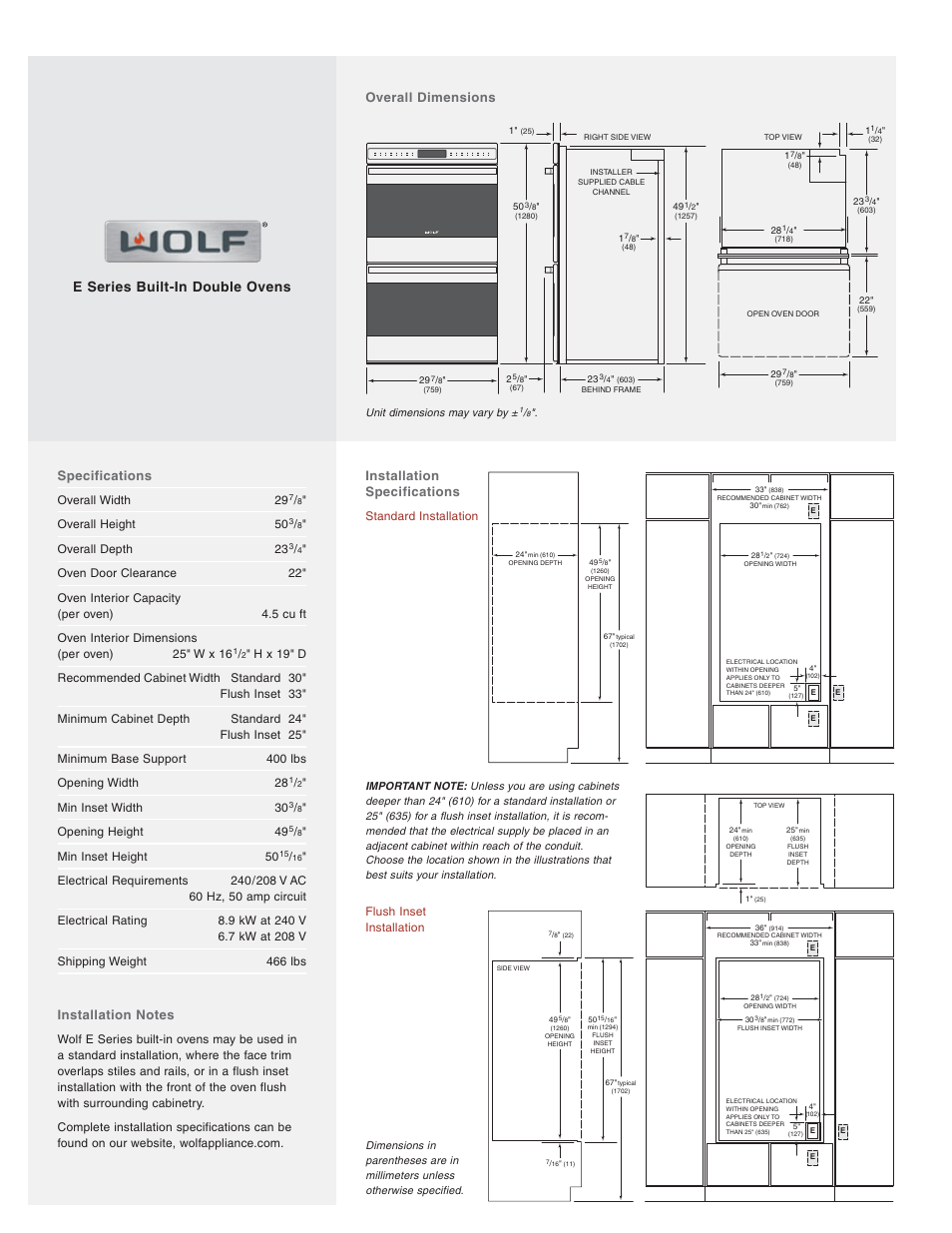 E series built-in double ovens, Specifications, Installation specifications | Overall dimensions, Overall width 29, Overall height 50, Overall depth 23, Min inset width 30, Opening height 49, Min inset height 50 | Wolf Appliance Company DO30-2F/S User Manual | Page 2 / 2