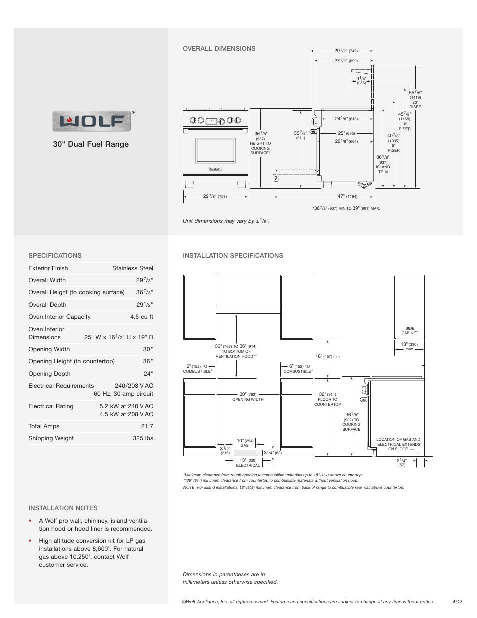 30" dual fuel range | Wolf Appliance Company DF304 User Manual | Page 2 / 2