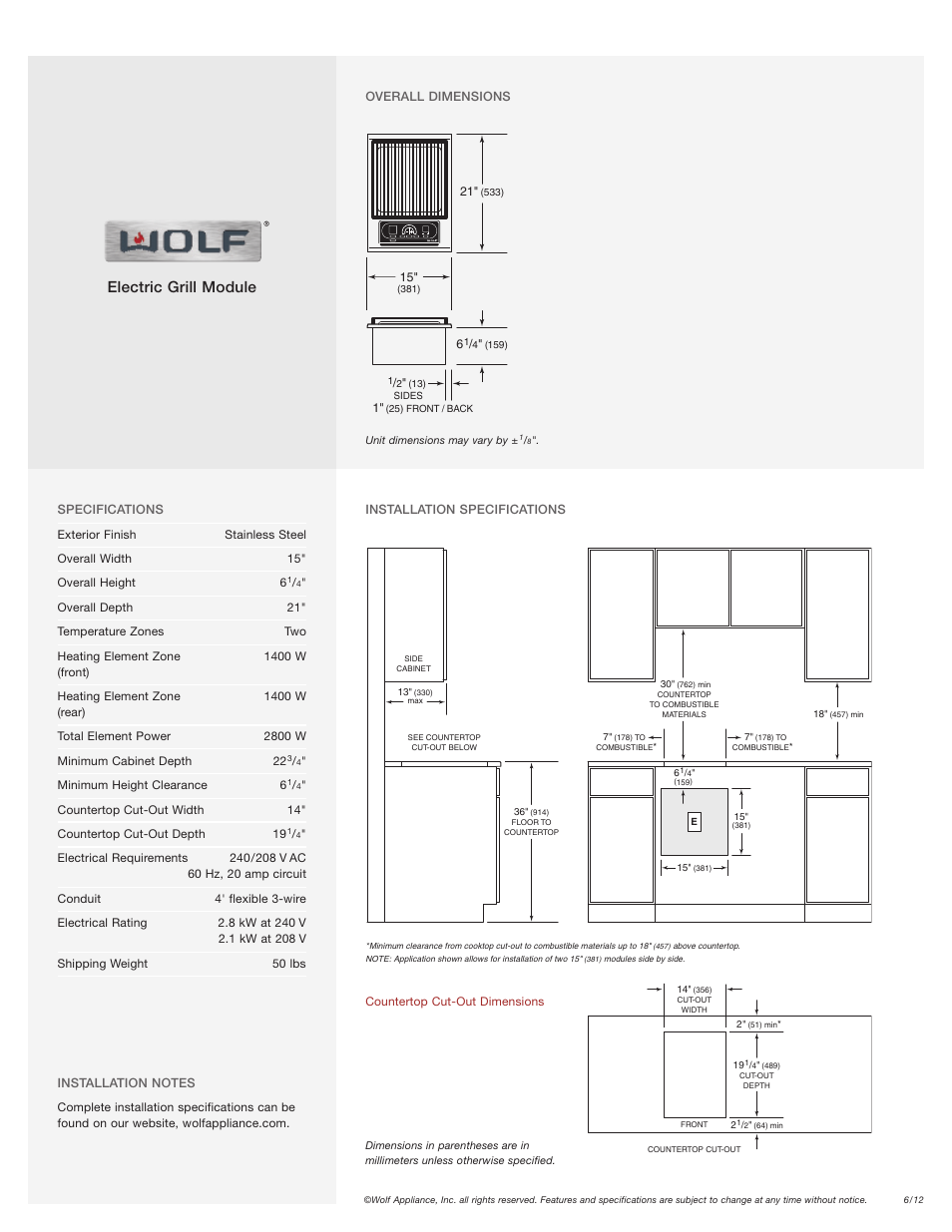 Electric grill module | Wolf Appliance Company IG15/S User Manual | Page 2 / 2