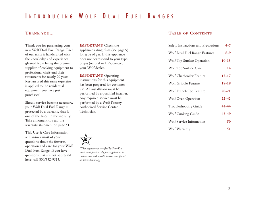 O l f, U a l, U e l | Wolf Appliance Company DUAL FUEL RANGES User Manual | Page 3 / 52