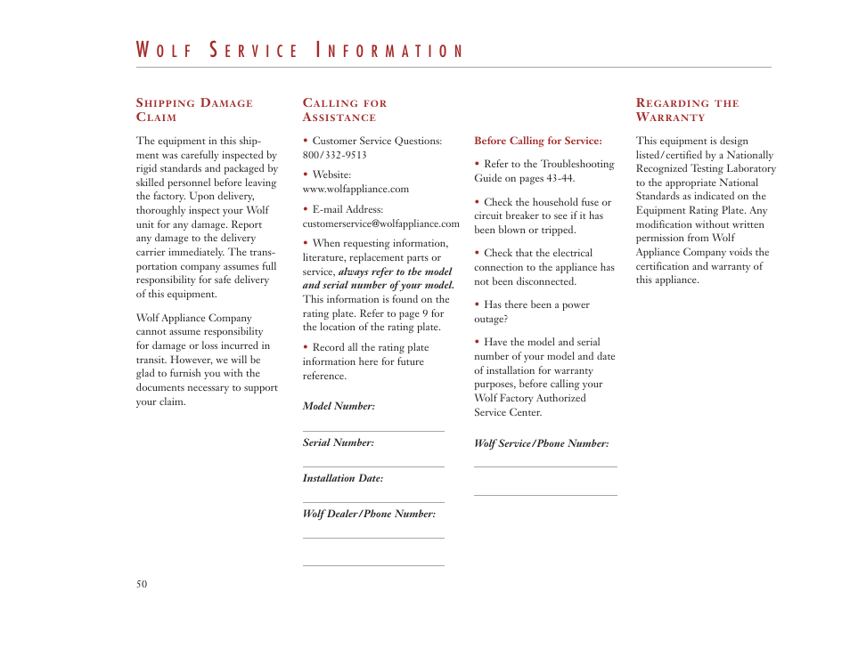 O l f | Wolf Appliance Company DUAL FUEL RANGES User Manual | Page 50 / 52