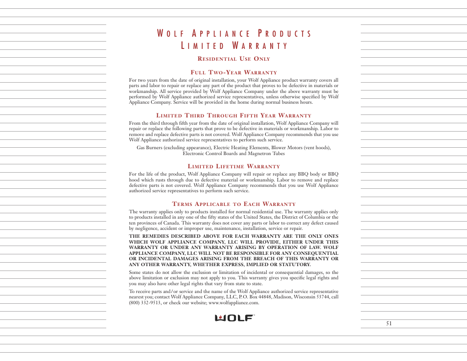 O l f | Wolf Appliance Company DUAL FUEL RANGES User Manual | Page 51 / 52