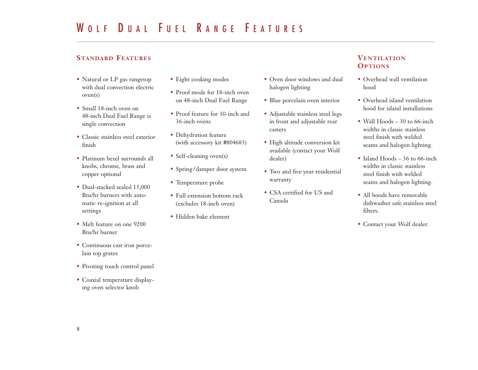 O l f, U a l, U e l | A n g e | Wolf Appliance Company DUAL FUEL RANGES User Manual | Page 8 / 52