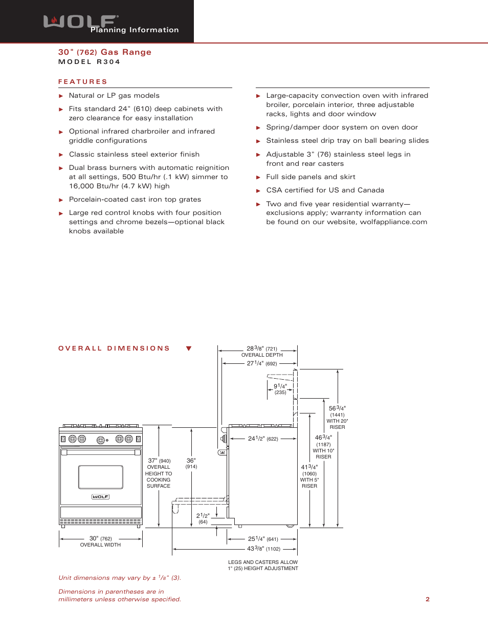 Gas range | Wolf Appliance Company R304 User Manual | Page 2 / 5