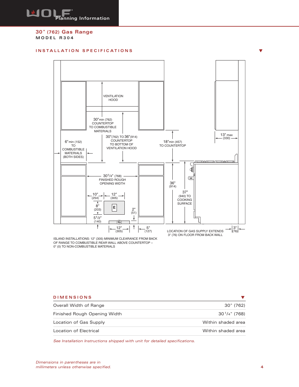 Gas range | Wolf Appliance Company R304 User Manual | Page 4 / 5