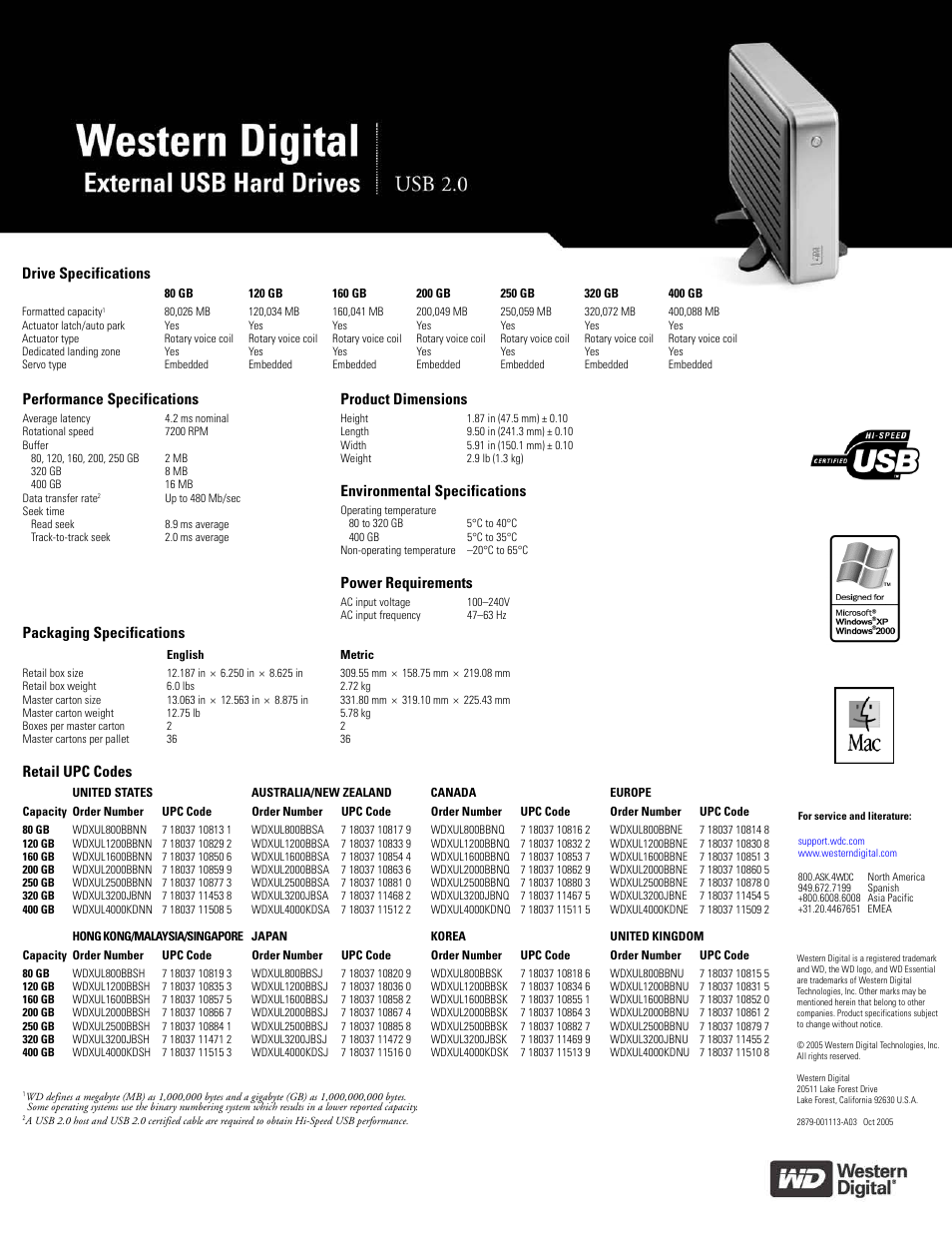 Retail upc codes, Drive specifications, Performance specifications | Packaging specifications | Western Digital WDXUL800BBXX User Manual | Page 2 / 2