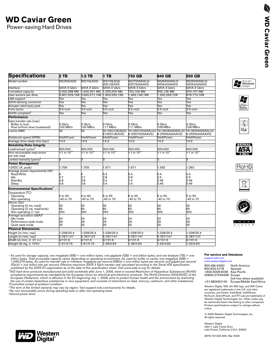 Wd caviar green, Wd caviar gr een, Power-saving hard drives | Specifications | Western Digital WD Caviar Green WD5000AAVS User Manual | Page 2 / 2