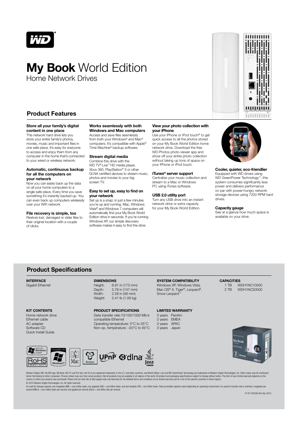 My book world edition, Home network drives, Product features product specifications | Western Digital My Book World Edition WDH1NC20000 User Manual | Page 2 / 2