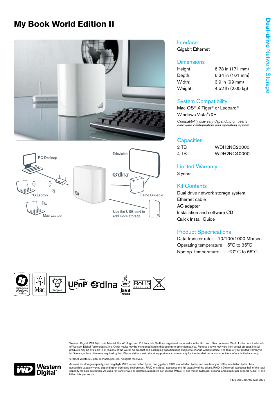 My book world edition ii, Dual-drive network storage, Interface | Dimensions, System compatibility, Capacities, Limited warranty, Kit contents, Product specifications | Western Digital My Book World Edition II WDH2NC20000 User Manual | Page 2 / 2