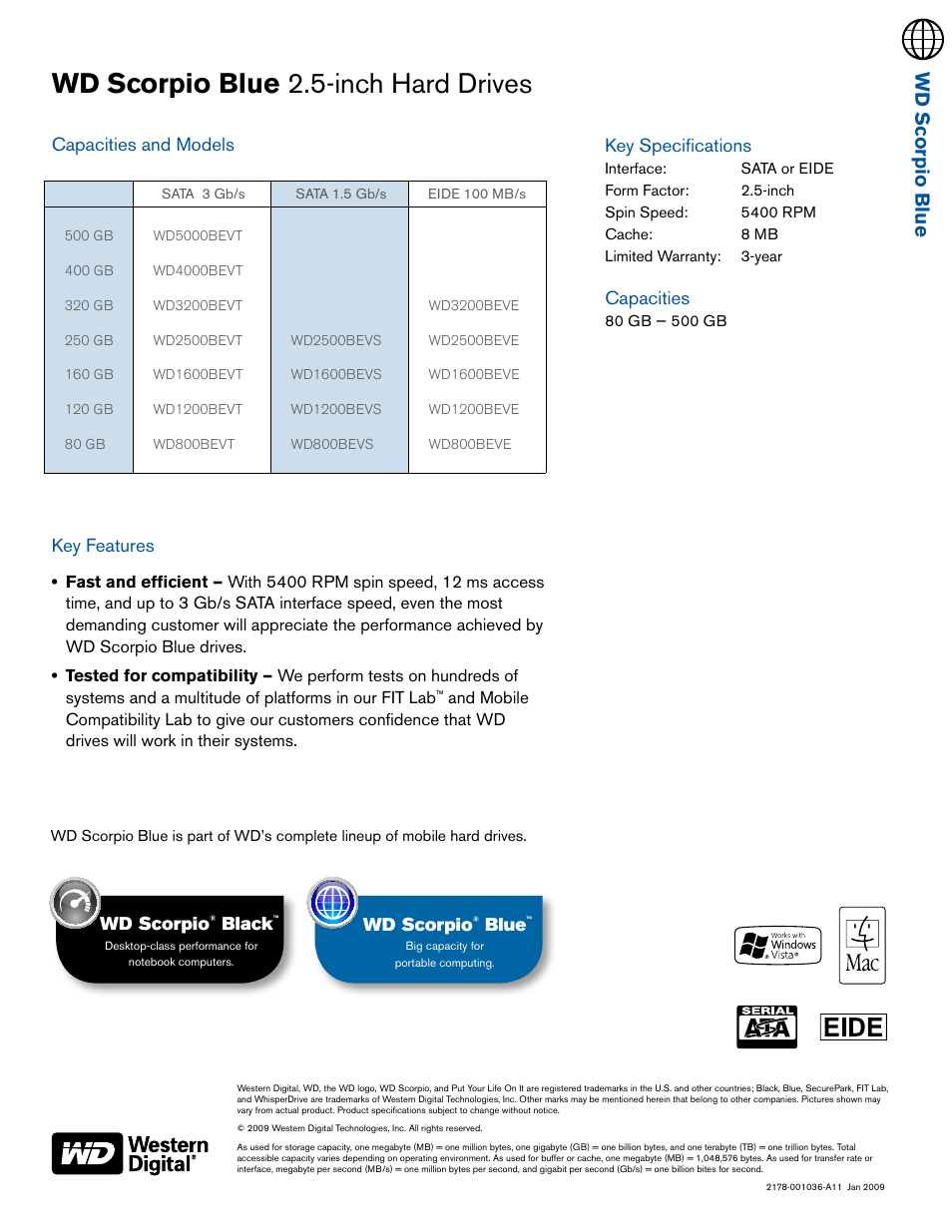 Wd scorpio blue 2.5-inch hard drives, Wd scorpio blue, Key specifications | Capacities, Key features capacities and models, Wd scorpio, Black, Blue | Western Digital WD Scorpio Blue WD3200BEVT User Manual | Page 2 / 2