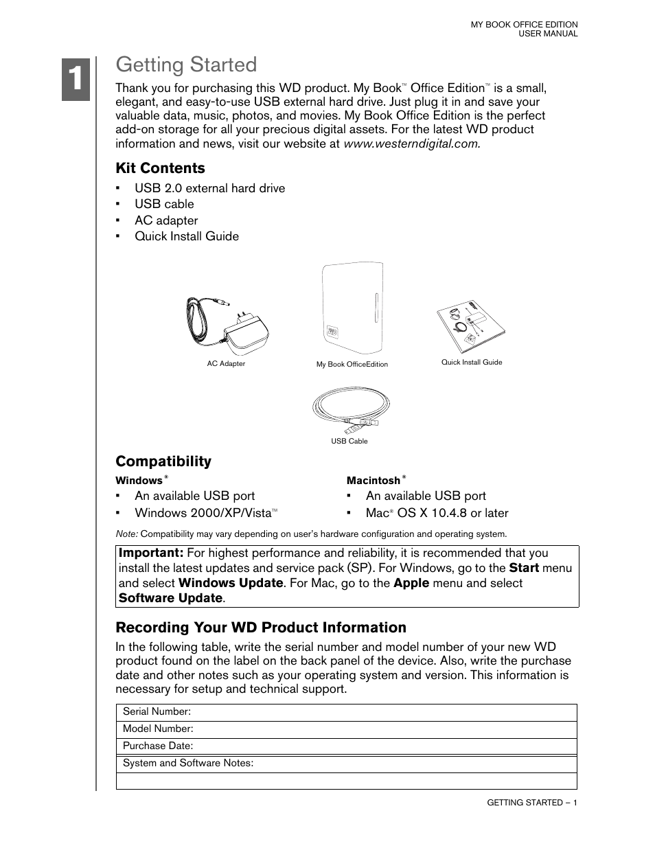 Getting started, Kit contents, Compatibility | Windows, Macintosh, Recording your wd product information | Western Digital 4779 705004 User Manual | Page 2 / 9