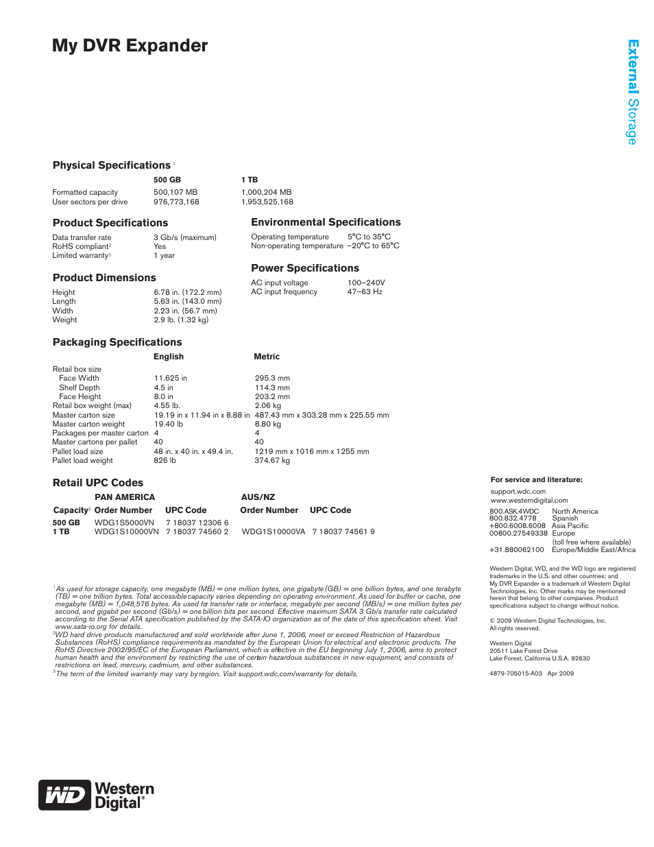 My dvr expander, Physical specifications, Environmental specifications power specifications | Western Digital My DVR Expander User Manual | Page 2 / 2